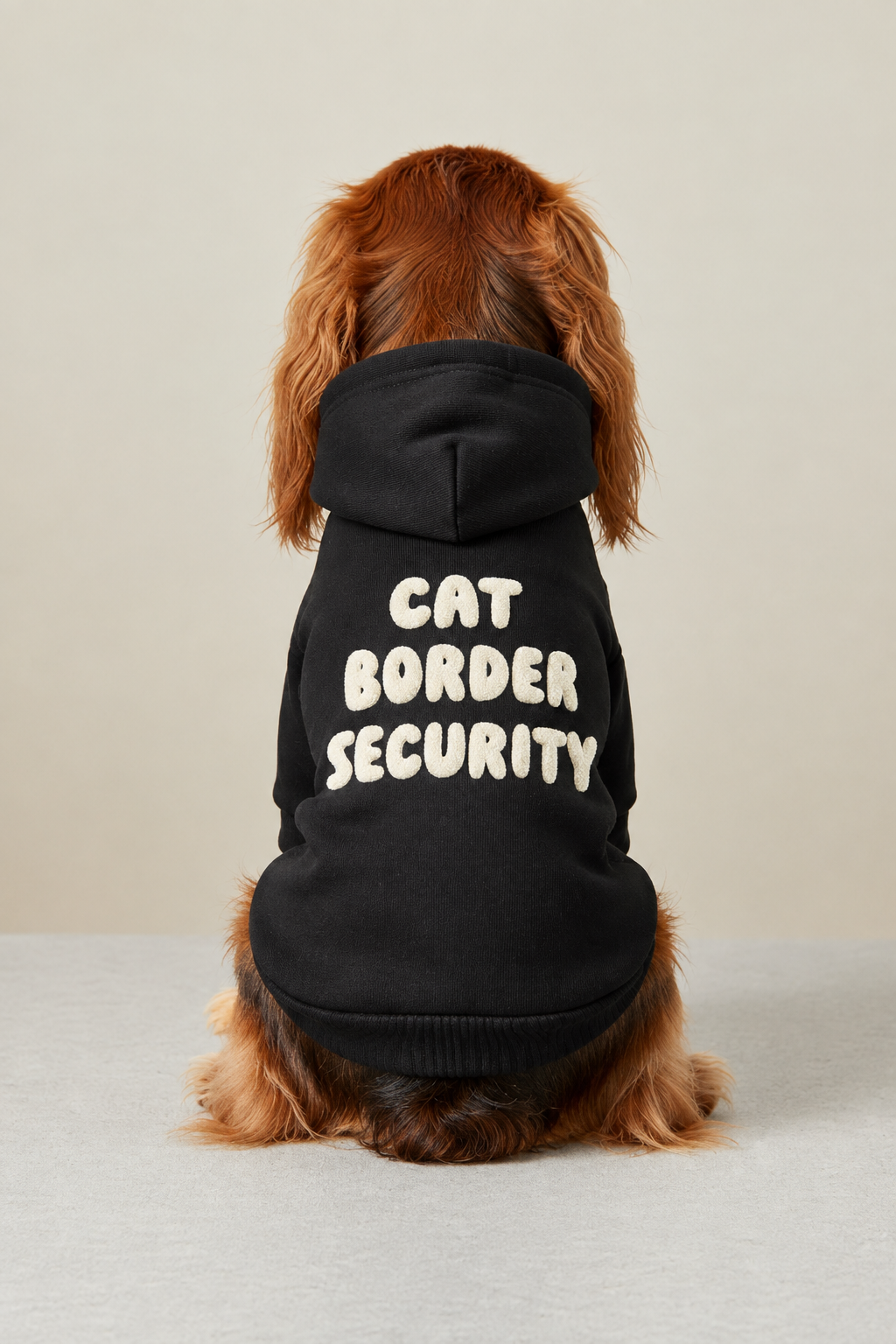 Rear-facing dog wearing a hoodie with the Cat Border Security design